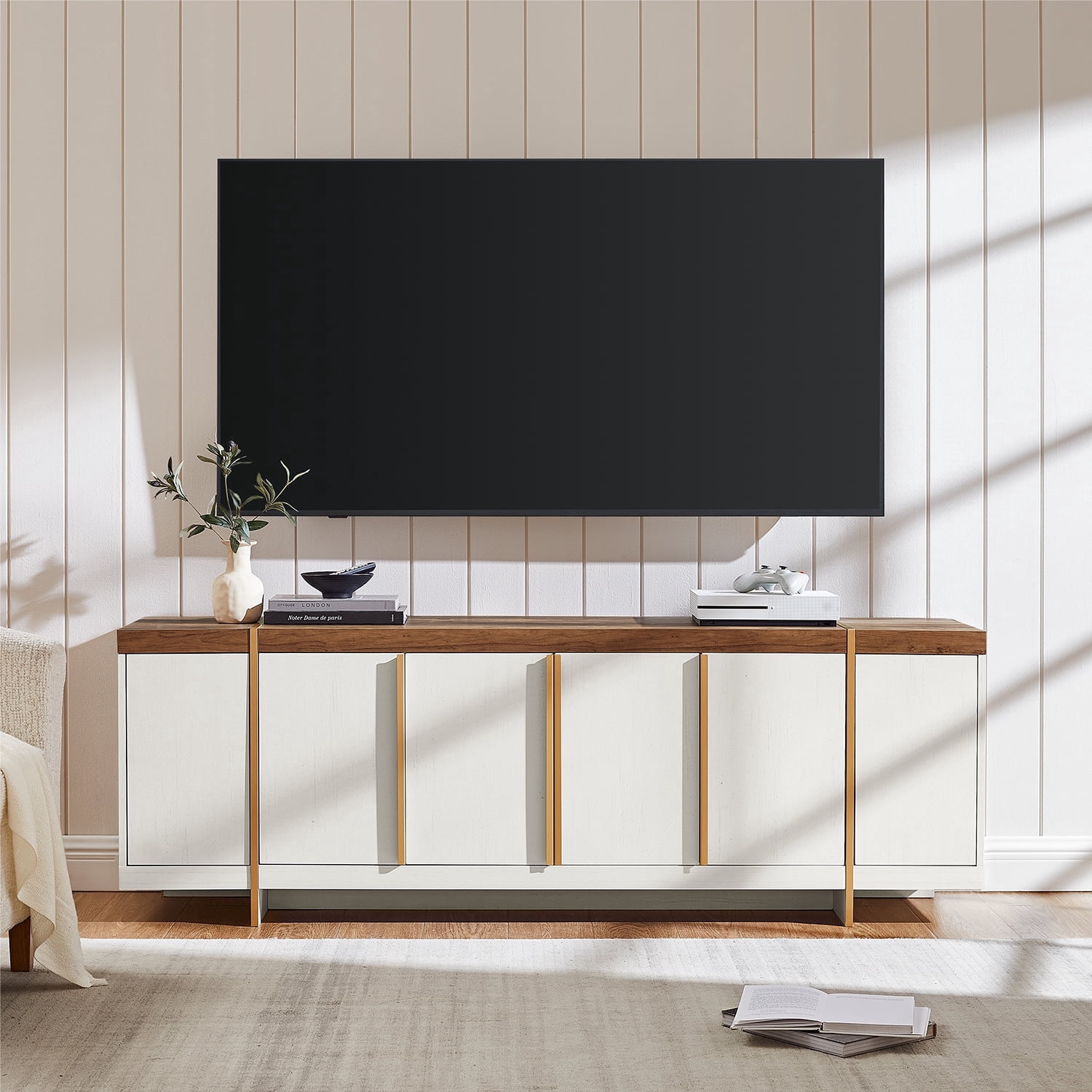KeyWhat TV Stand for TVs Up to 80", Modern Entertainment Center with Storage, TV Console with Handle-Free Hidden Doors Design for Living Room, Antique White