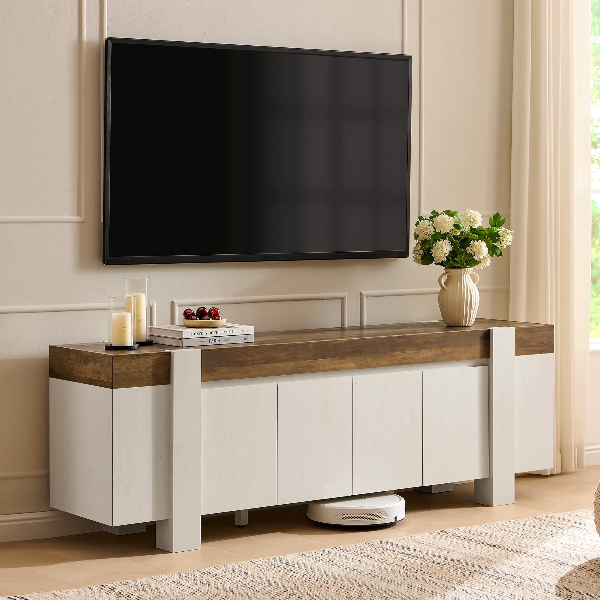 KeyWhat TV Stand for TVs Up to 80", Modern Farmhouse Entertainment Center with Storage Cabinet, Media Console Table for Living Room, Antique White