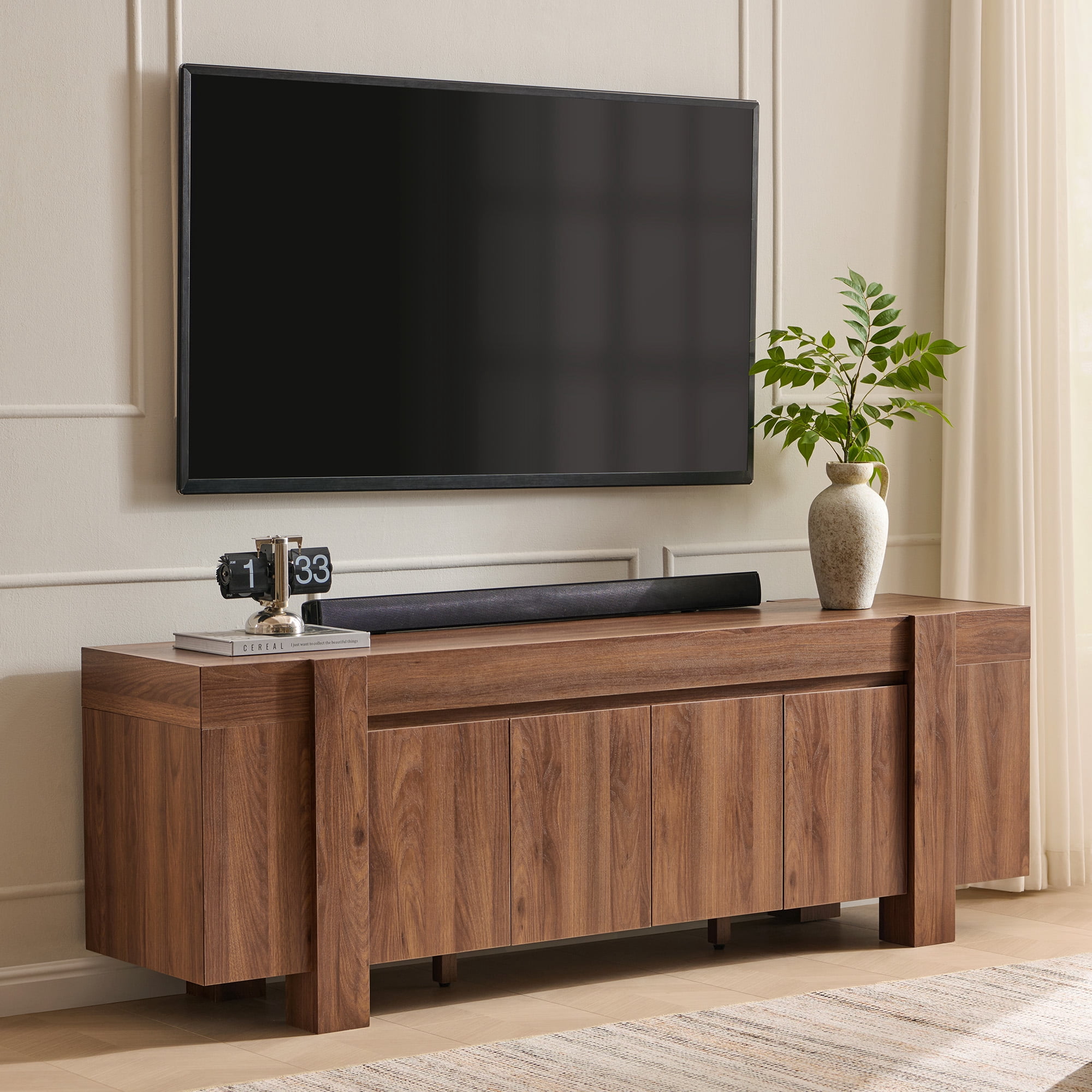 KeyWhat TV Stand for TVs Up to 80", Modern Farmhouse Entertainment Center with Storage Cabinet, Media Console Table for Living Room, Light Walnut