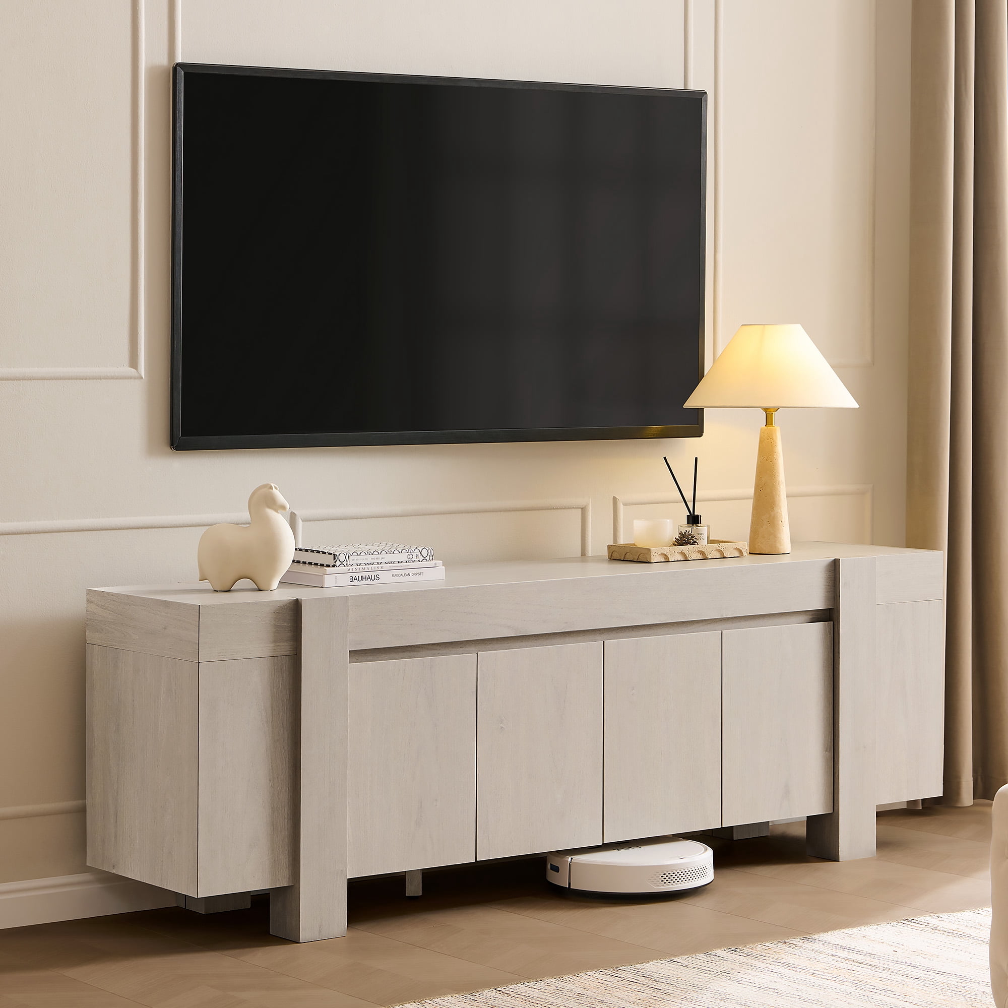 KeyWhat TV Stand for TVs Up to 80", Modern Farmhouse Entertainment Center with Storage Cabinet, Media Console Table for Living Room, White Alder