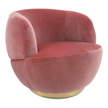 Keya 35 Inch Round Swivel Accent Chair, Curved Back, Gold Base, Pink Velvet