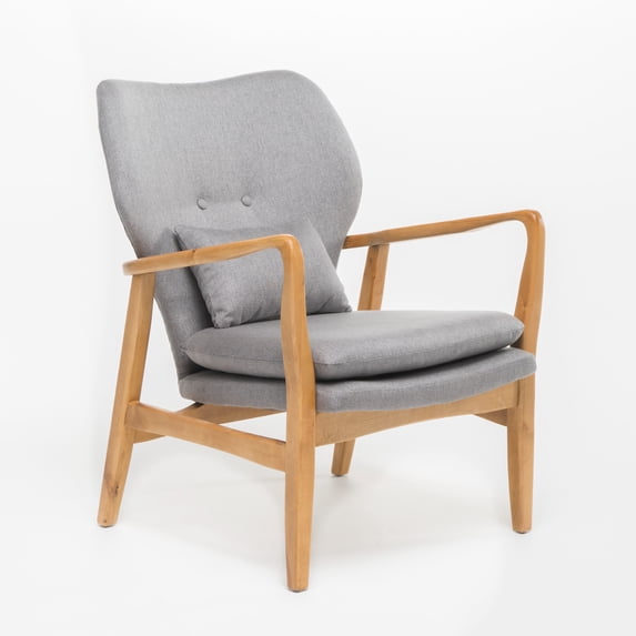 Keya Accent Chair, 1 Pillow, Gray, Button Tufted Back, Light Brown Wood