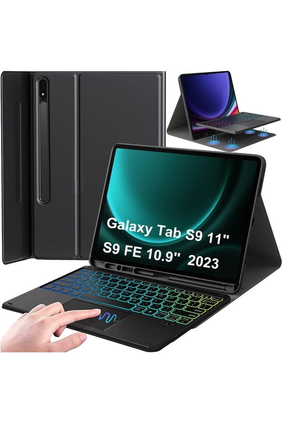 Keyboard Case For Galaxy Tab S9 FE/Galaxy Tab S9 - 7 Color Touchpad Keyboard with S Pen Holder, Magnetic Detachable Tablet Case for Tab S9 FE 10.9"/S9 11", Black