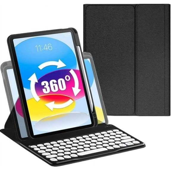 Keyboard Case for iPad 10th Generation 2022, iPad 10 Case with Keyboard, Rotating Clear Back Cover with Pencil Holder and Detachable Round Keys Keyboard for 2022 Release A2696 A2757 A2777