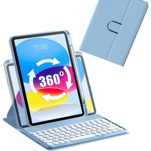 Keyboard Case for iPad 10th Generation 2022, iPad 10 Case with Keyboard, Rotating Clear Back Cover with Pencil Holder and Detachable Round Keys Keyboard for 2022 Release A2696 A2757 A2777