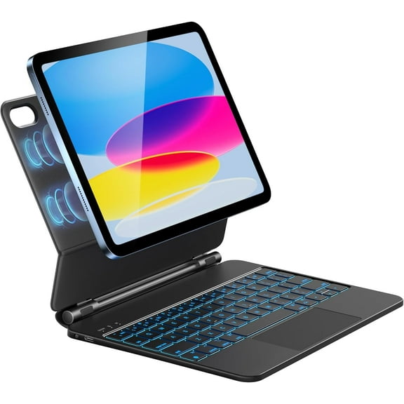 Keyboard Case for iPad A16 11/10, Magnetic Magic-Stand, Floating Design, Durable Spindles, Multi-Touch Trackpad, 7 Colors Backlit, Stain Resistant PU, Bluetooth