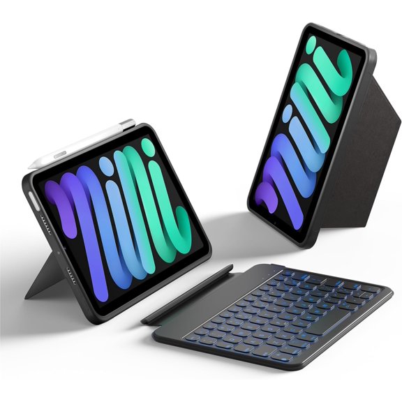 Keyboard Case for iPad mini 7/6, 156 Adjustable Stand, Detachable Full Protective Case for iPad mini 7/6, 11 Shortcut Keys, 7 Color Backlight, Silicone PU, Multifunction, Bluetooth