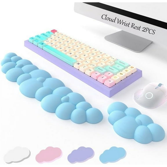 Keyboard Cloud Wrist Rest 2PCS, High Density Memory Foam Keyboard Palm Rest, Ergonomic Keyboard Pad Wrist Support for Pain Relief, Mouse Pad Rest Support for Office/Computer/Laptop/Gaming/Mac Blue