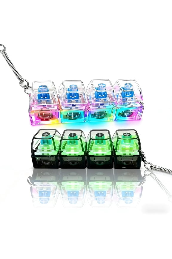 Keyboard Fidget Key chain, Keyboard Key cap Stress Relief with LED Light – 4-Key Portable Key chain Fidget Transparent Key cap for Adults, Gift for Men Women