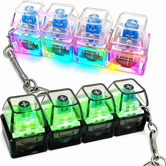 Keyboard Fidget Keychain,Keyboard Keycap Stress Relief with LED Light,Keyboard Decompression Button Finger Clicker Toys,4-Key Portable Keychain Fidget Toy Transparent Keycap for Adults