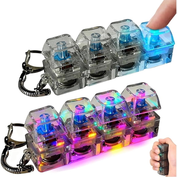 Keyboard Fidget Toy 2-Pack, Mechanical Clicker Fidget Keychain with LED Lights & 4 Clicky Keys, ADHD Stress Relief Toy for Office Desk, Anxiety Sensory Gadget, Focus Tool for Adults, Cool Geek Gifts