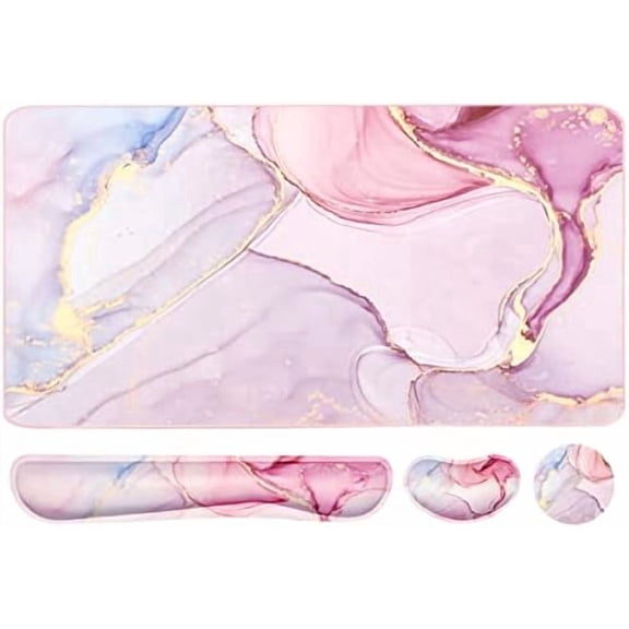 4Pcs Keyboard Mouse Pad Set, Pink Marble Extended Desk Pad with Memory Foam Wrist Rest, Ergonomic Mat for Home Office Gaming