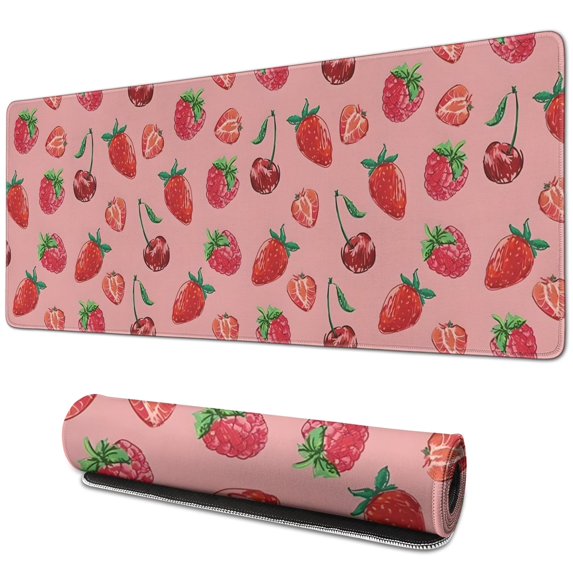 Keyboard Pad Red Mouse Mat, Gaming Mouse Pads Big Mouse Pad, Modern Desk Pad Waterproof Non-Slip Rubber Base, 31.5x11.8 inch for Work/Game/Office/Home Summer Fruits Strawberry Leaves