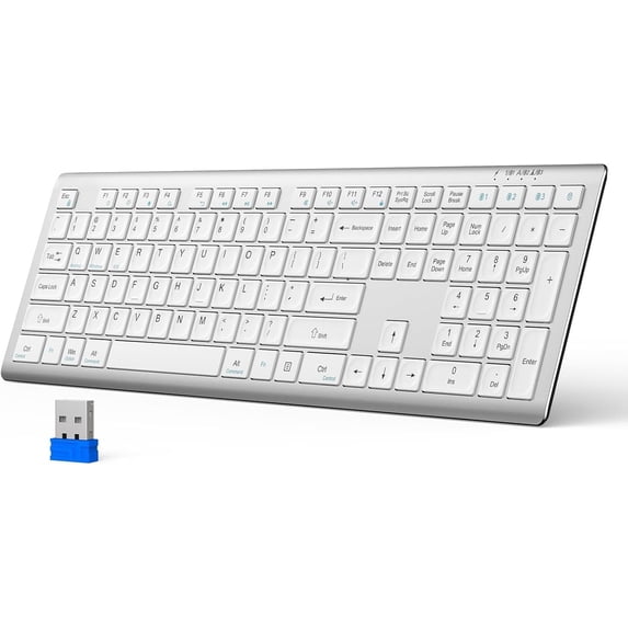 Keyboard Rechargeable, 4-Device Free Switching (2.4G+BT), Ultra-Slim Full Size Keyboard, Quiet Typing, for PC/Laptop/ TV/Phone, Adjustable Stand, 12 Multimedia
