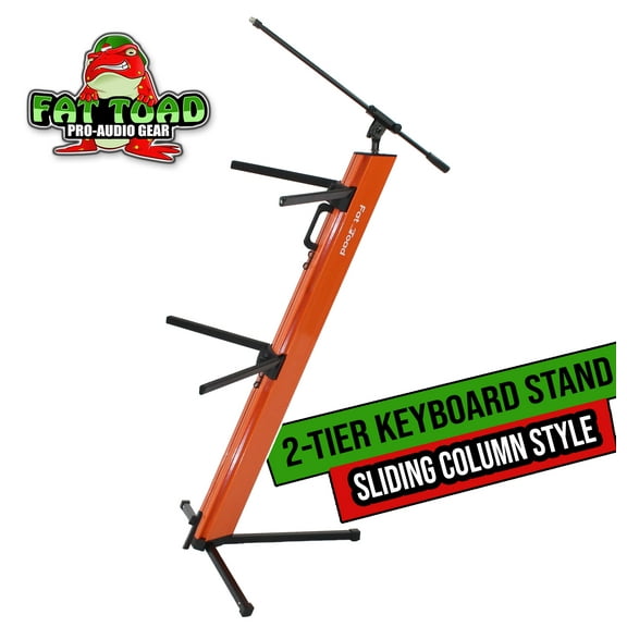 Keyboard Stand (2-Tier) with Mic Boom Arm Adapter by FAT TOAD | Professional Double Sliding Electronic Piano Column Tower for Turntable, DJ Audio Gear & Studio Synthesizer