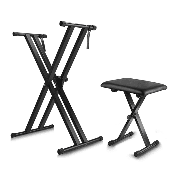 Keyboard Stand & Bench Set, Upgrade Heavy Duty Double-X Keyboard Stand, Adjustable & Portable Digital Piano Stand with Locking Straps