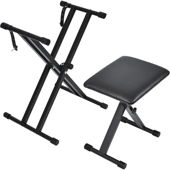 Keyboard Stand & Bench Set, Upgrade Heavy Duty Double-X Keyboard Stand, Adjustable & Portable Digital Piano Stand with Locking Straps