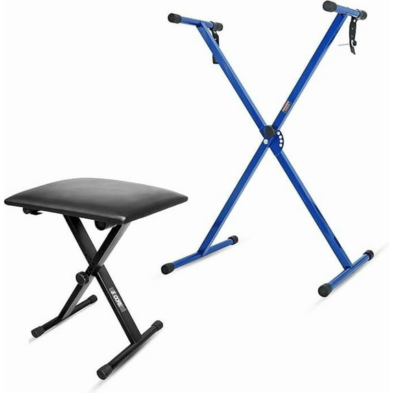 Keyboard Stand Single X Style Piano Riser Adjustable Holder + Keyboard Stool Thick Padded Piano Bench KS 1X BLU+KBB 02 BLK