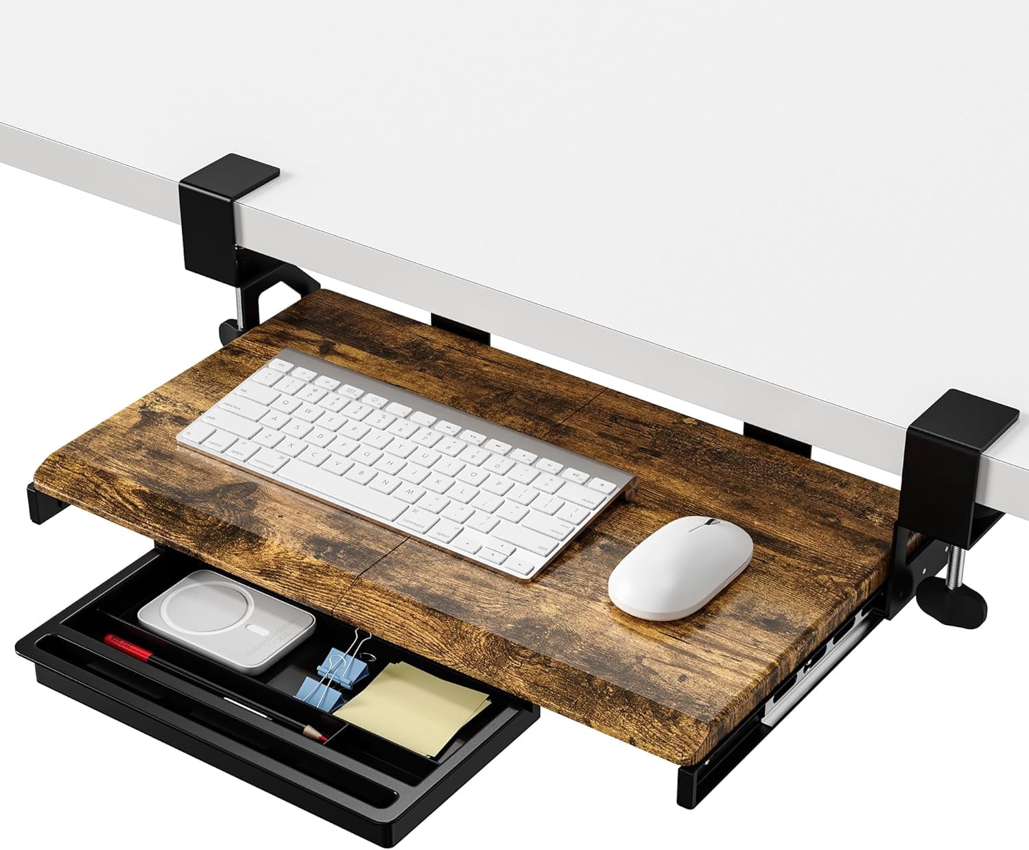 Under Desk Keyboard Tray with Slide Pull Out, C Clamp Mount, Ergonomic Computer Stand for Home Office, White, 19.7" x 12.2" Small Size