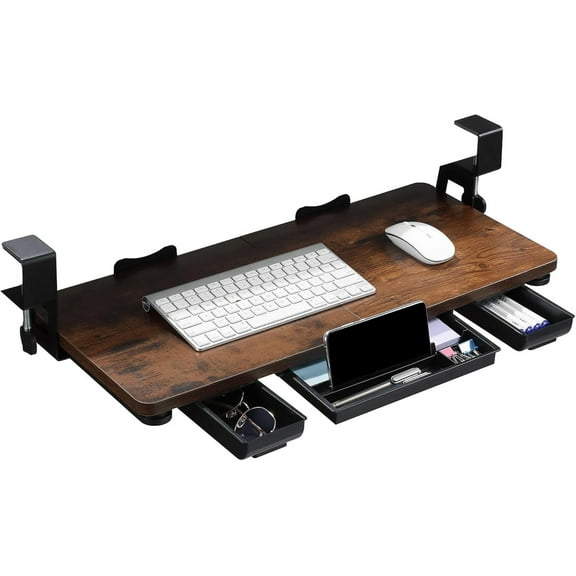 Keyboard Tray Under Desk with Drawer,26.77" X 11.81" Keyboard Tray with C Clamp-on Mount, Easy to Install, Height Adjustable for Home Office (Mahogany)