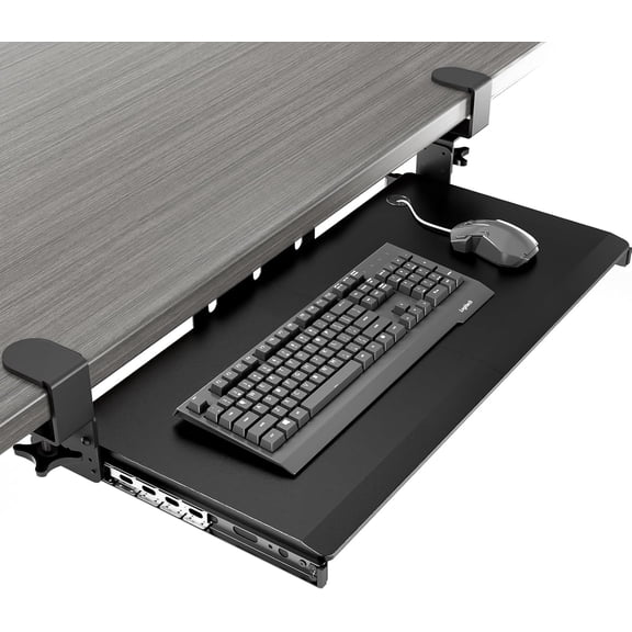Keyboard Tray Under Desk Pull Out with Extra Sturdy C Clamp Mount System, 27.3 (32.5 inch Including Clamps) x 11 Inch Slide-Out Platform Computer Drawer for Typing Black AX01WB01
