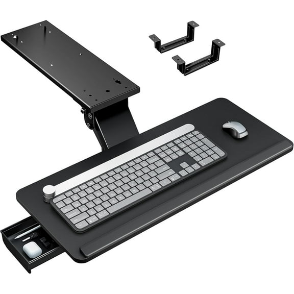 Keyboard Tray Under Desk with Storage Drawer, Height Adjustable Keyboard Tray Slide Out Swivel Tilt, Ergonomic Under Desk Mount Keyboard & Mouse Holder for Gaming Home Office, 25x11'', Black
