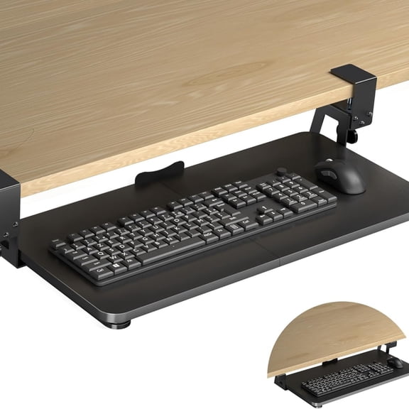 Keyboard Tray Under Desk Large C-Clamp 25.6” (30” Including Clamps) x 11.8” Slide-Out Platform Computer Drawer Pull Out Keyboard & Mouse Tray Black DSF4