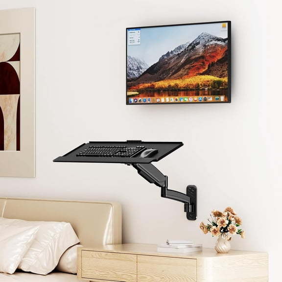 Keyboard Tray Wall Mount, 26 Inch Height Adjustable Sit-Stand Typing Platform with 360 Rotation and Wrist Pad for Ergonomic Office Setup