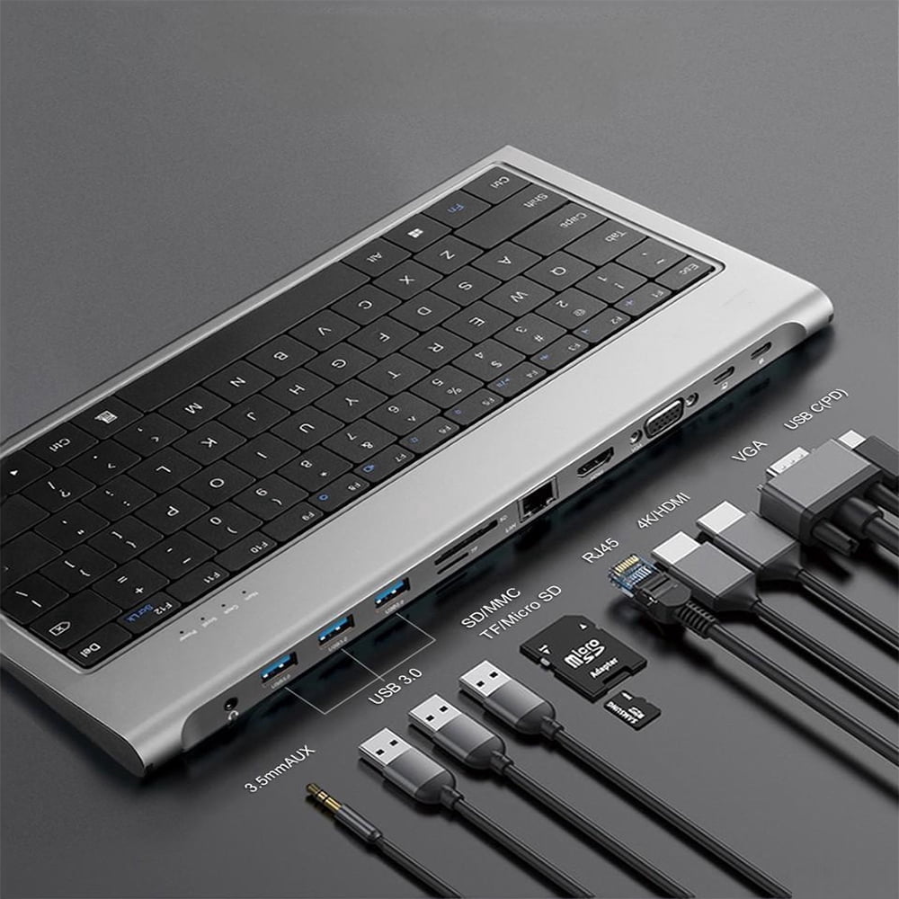 Keyboard USB C Hub 11-in-1 Docking Station, Type-C Multiport Adapter with 4K HDMI, VGA, 100W PD, USB 3.0, RJ45 Ethernet, SD/TF Card Reader, AUX, Compatible with MacBook Pro/Air, Chromebook, Laptops
