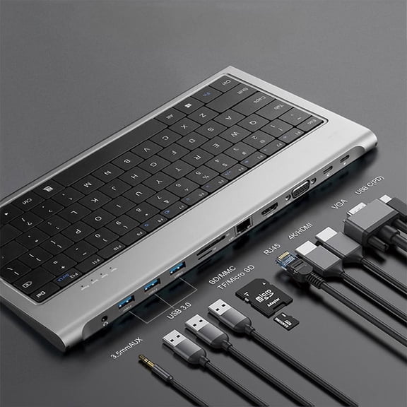 Keyboard USB C Hub 11-in-1 Docking Station, Type-C Multiport Adapter with 4K HDMI, VGA, 100W PD, USB 3.0, RJ45 Ethernet, SD/TF Card Reader, AUX, Compatible with MacBook Pro/Air, Chromebook, Laptops