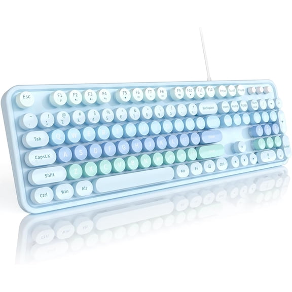 Keyboard Wired Large Print, Computer Keyboard Plug Play, Colorful Retro Round Typewriter Keyboard with Numeric Keypad and Media Hotkey for Windows PC Laptop (Pale Blue)