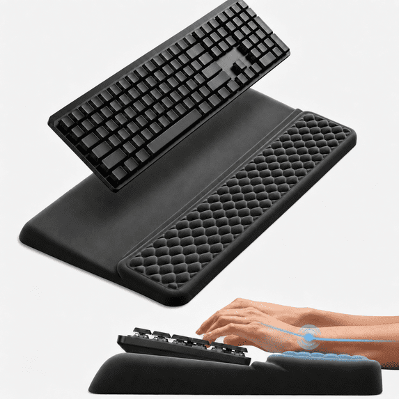 2‑in‑1 Ergonomic Keyboard Stand with Memory Foam Wrist Rest, Anti‑Slip Wrist Cushion for Wrist Pain Relief, Comfort Typing Support Pad for Office, Home & School, Black