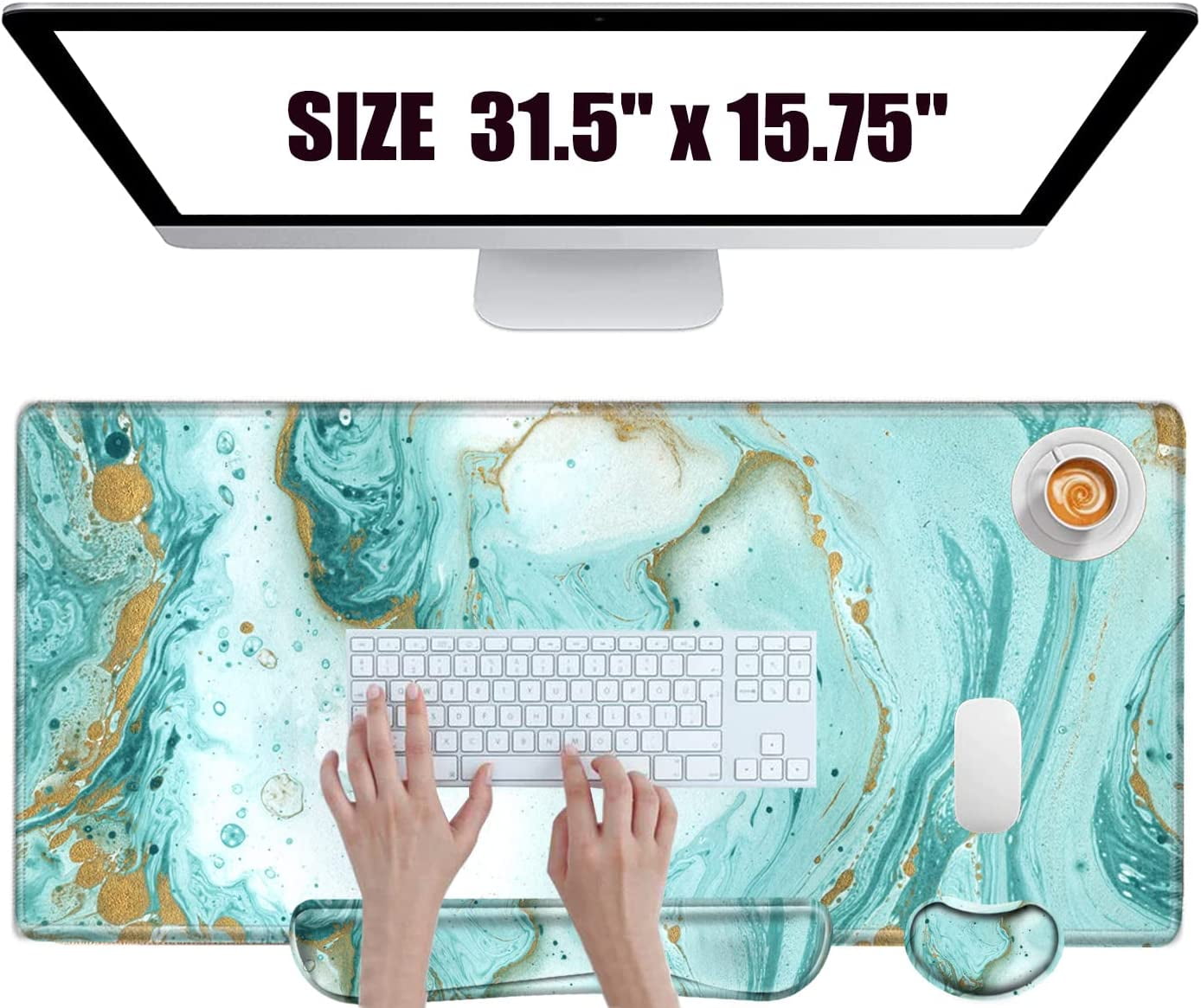 Keyboard Wrist Rest and Desk Mats On Top of Desks- Marble Desk Pad Teal  Wrist Rests for Keyboard and Mouse 31.5 x 15.75 Large Mouse Pad XXL Desk  Organization Decor for Women