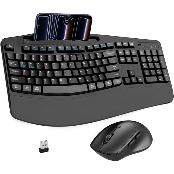 Keyboard and Combo, 2.4G Full Size Wave Keyboard with Wrist Rest, Phone Holder, 3-Level DPI Silent with 6-Buttons, for , OS, Laptop, PC (Black)