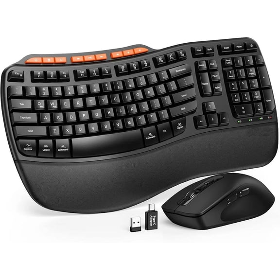 Ergonomic Wireless Keyboard and Mouse Combo, 2.4G Full Size Wave Keyboard with Cushioned Palm Rest, 3 DPI Adjustable Mouse, USB-A & C Compatible with Computer, Laptop, Mac & Tablet