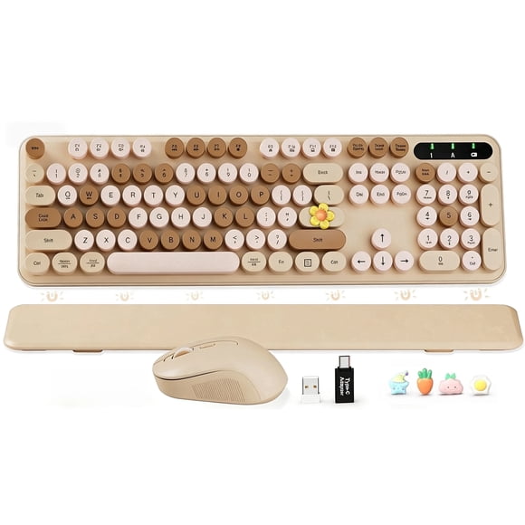 Wireless Keyboard and Mouse Combo Latte, Retro Round Keycaps, Full Size with Detachable Wrist Rest, 2.4G for PC Mac Windows