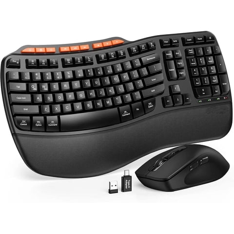 Ergonomic Wireless Keyboard and Mouse Combo, 2.4G Full Size Wave Keyboard with Cushioned Palm Rest, 3 DPI Adjustable Mouse, USB-A & C Compatible with Computer, Laptop, Mac & Tablet