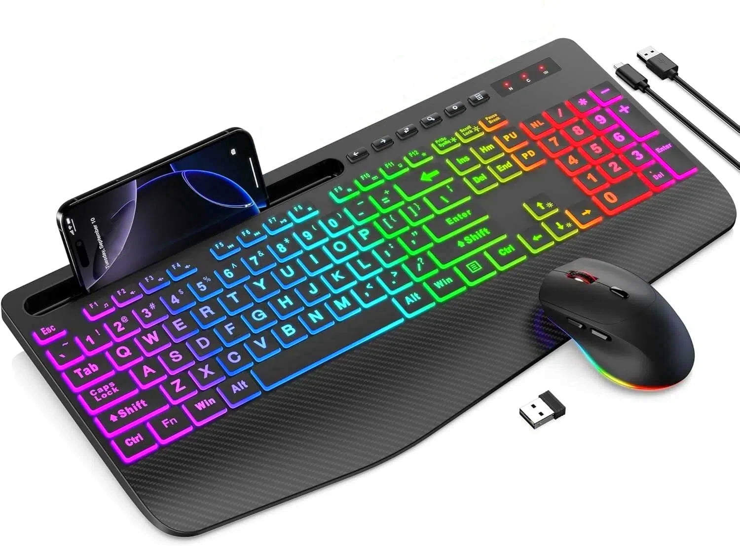 Wireless Keyboard and Mouse Combo with 9 Backlit, Wrist Rest & Phone Holder, Large Print,Deep Black