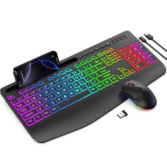 Wireless Keyboard and Mouse Combo with 9 Backlit, Wrist Rest & Phone Holder, Large Print,Deep Black