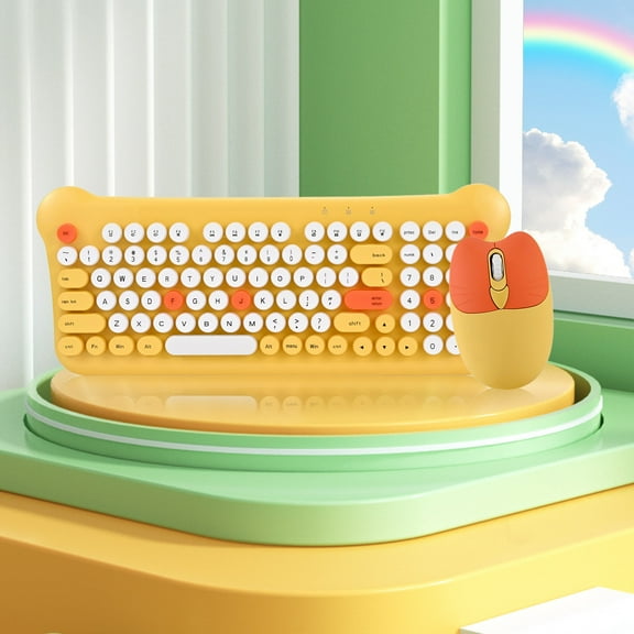 Keyboard and Mouse Set, Colourful Retro Round Wireless Keyboard And Mouse Set Desktop PC Laptop Universal Wireless Keyboard Power Saving