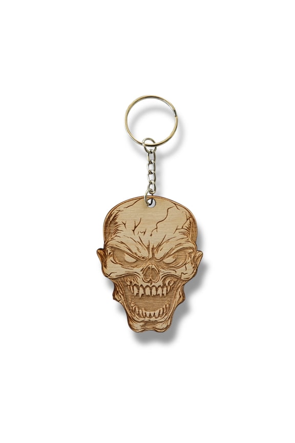 Keychain - Angry Skull - Birch wood