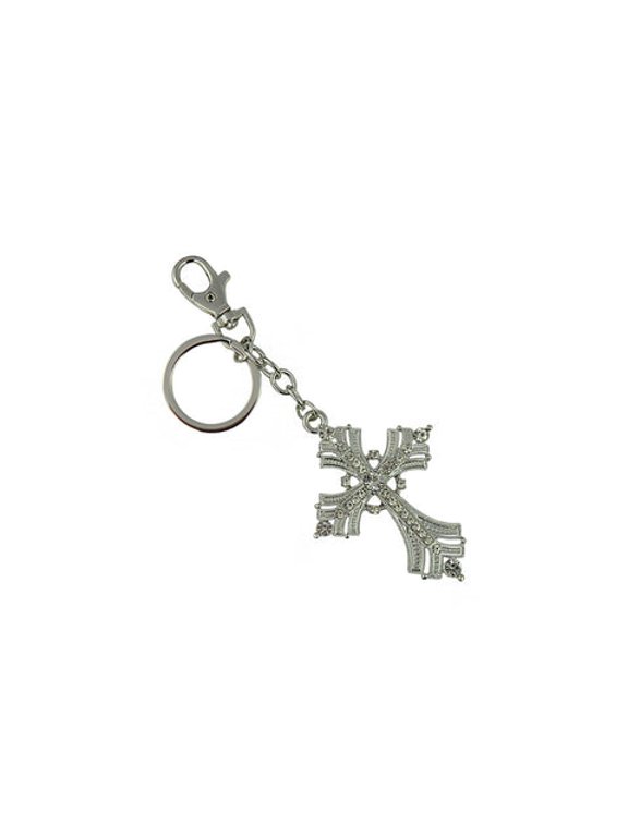 Keychain Charm Jeweled Rhinestones Sparkly Decorative Key Ring for Bag, Backpack, Purse, Handbag - Fancy Cross in Silver