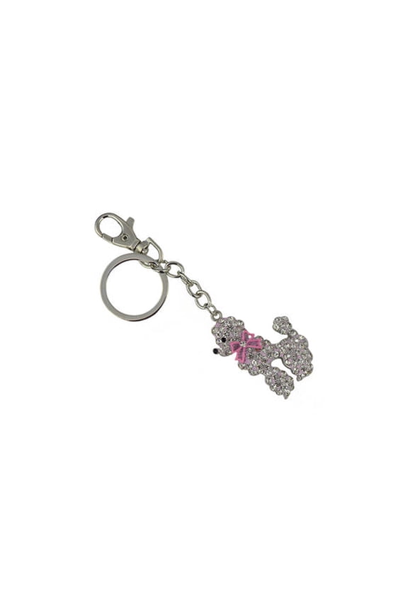 Keychain Charm Jeweled Rhinestones Sparkly Decorative Key Ring for Bag, Backpack, Purse, Handbag - Poodle Dog Silver/Pink