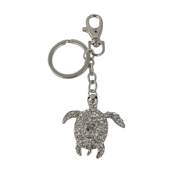 Keychain Charm Jeweled with Rhinestones Sparkly Decorative Key Ring for Bag, Backpack, Purse, Handbag - Sea Turtle in Silver