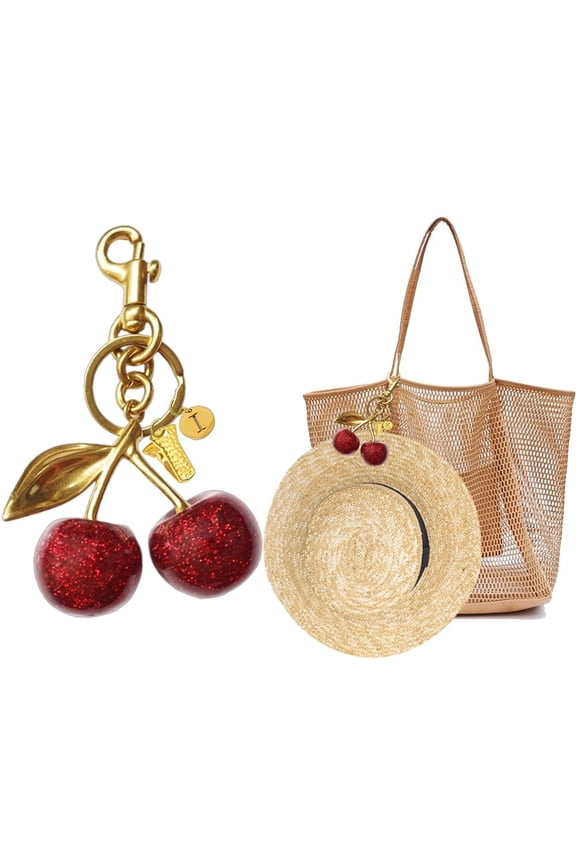 Keychain Cherry Bag Charms with Mini Hat Clip Initial, Cute Purse Key Chains Gifts for Women, Leather Handbags Car Keyrings