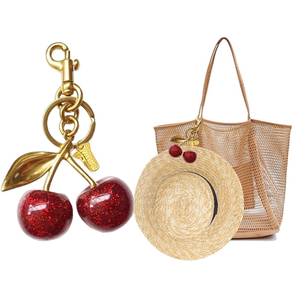 Keychain Cherry Bag Charms with Mini Hat Clip Initial, Cute Purse Key Chains Gifts for Women, Leather Handbags Car Keyrings