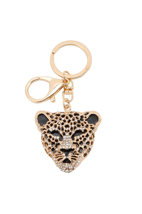 Keychain Exquisite Rhinestone Encrusted Leopard Head Car Bag Pendant for Girl Rhinestone Leopard Pendant Metal Bag Pendant Decoration (Gold)