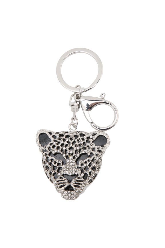 Keychain Exquisite Rhinestone Encrusted Leopard Head Car Bag Pendant for Girl Rhinestone Leopard Pendant Metal Bag Pendant Decoration (Silver)