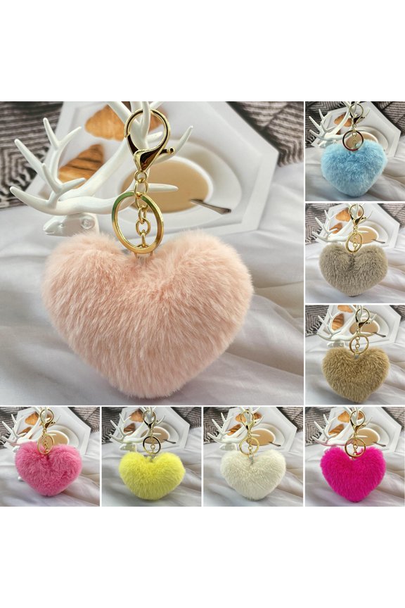 Keychain Fluffy Heart Charm Key Ring Artificial Faux Rabbit Fur Keychain Bag Pendant Car Key Decoration Luggage Tag Accessory