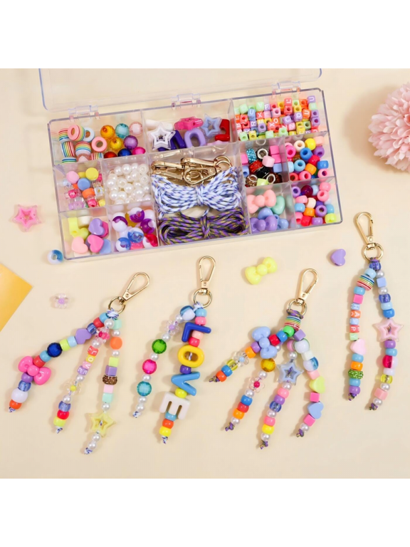 Keychain Making Kit 350Pieces Colorful Beaded DIY Keychain Crafts Beads for Includes Heart, Star, Flower and Letter Beads Girls Toys Kids DIY Crafts Christmas Gifts
